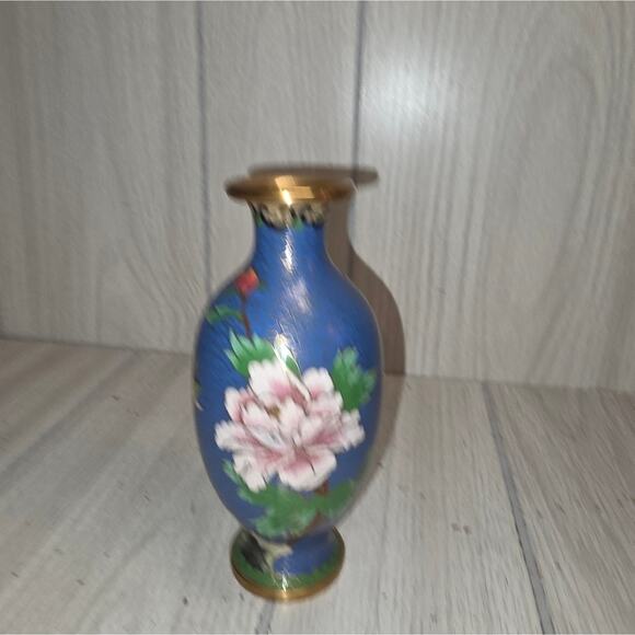 Vtg Floral Cloisonne Vase Chinese Brass Enamel Blue Victorian Hollywood Regency - Picture 8 of 9